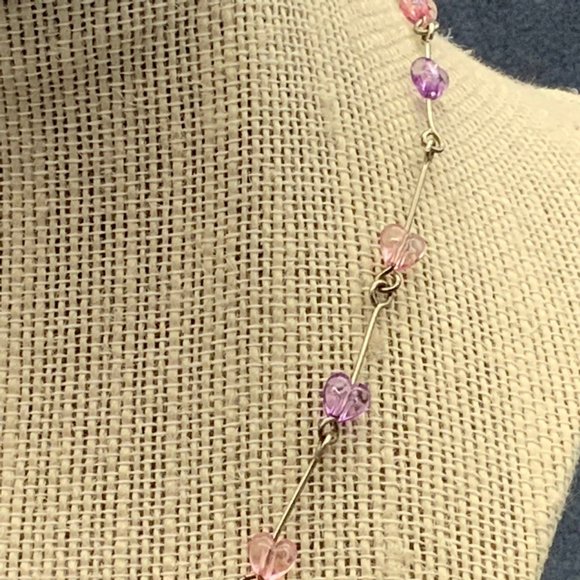 Pink Purple Heart Necklace Peach Translucent Silver Short Choker - Picture 4 of 5